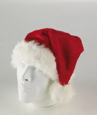A red and white Santa hat on a white mannequin head against a plain white background.