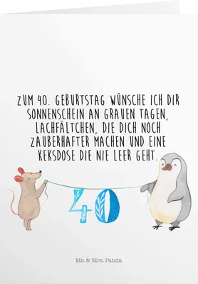 Produktbild von Mr. & Mrs. Panda Geburtstagskarte 40. Geburtstag Maus Pinguin - Weiß - Geschenk, gutscheinkarten, faltkarten, Happy Birthday, einladungskarten, Gutscheinkarte, Kuchen