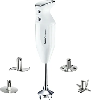 A white Bamix MAXX immersion blender with several attachments displayed around it on a white background.
