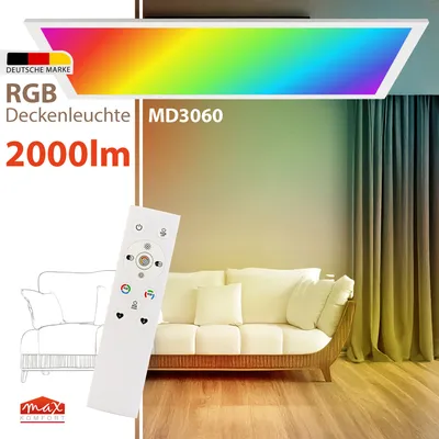 Produktbild von RGB LED Deckenleuchte Aufputzpanel 30x60 cm – 21W 2000lm dimmbar Fernbedienung warmweiß, neutralweiß, kaltweiß Leuchte Lampe Wohnzimmer