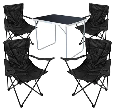 XL 5-tlg Camping Set Campingtisch Schwarz + 4 x Campingstuhl Klappstuhl Schwarz