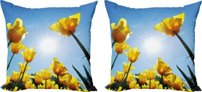 Immagine prodotto di ABAKUHAUS Set di copricuscini gialli e blu (2 pezzi), Campo di fiori di tulipano contro il cielo Petali di fiori estivi vibranti, 40 x 40 cm, Verde Blu Giallo