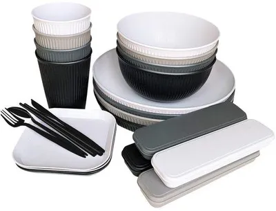 Immagine prodotto di Set di stoviglie in PP infrangibile e senza BPA, riutilizzabile, per 4 persone, composto da piatti, ciotole, bicchieri e posate, adatto al microonde e alla lavastoviglie