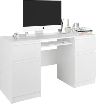 Image de Happy Babies Table d'ordinateur 135x76x50 cm Moderne Bureau Blanc avec tiroirs pour bureau chambre 1porte Montage facile