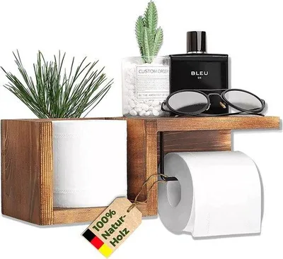 Produktbild von Unyqoos® Toilettenpapierhalter aus Holz – WC-Rollenhalter selbstklebend oder mit Schrauben, mit Ablage, Vintage Badezimmeraccessoire