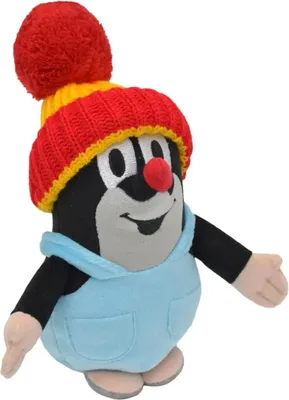Image de La petite taupe, pantalon et bonnet rouge et jaune, peluche taupe de 20 cm