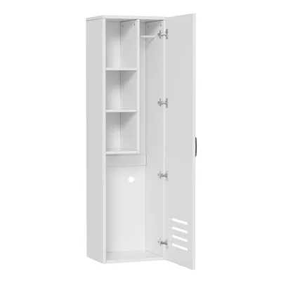A white, tall, narrow cabinet with its door open, showing multiple shelves inside and a circular cutout at the bottom section.