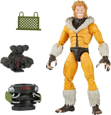 A toy action figure with accessories on a white background.