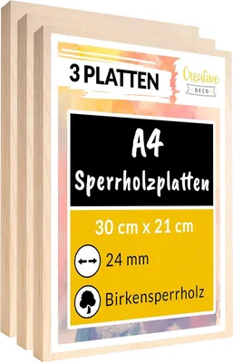 Produktbild von Creative Deco 3 x A4 Sperrholzplatte 24mm | 300 x 210 (+/- 0,5) mm | Birkensperrholz für Laubsäge, Brandmalerei, Laserschnitt, CNC