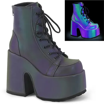 A single boot is shown against a white background, with a smaller inset image of the same boot under different lighting.