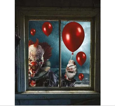Zdjęcie produktu dla Zabójczy klaun w dekoracji okna na Halloween