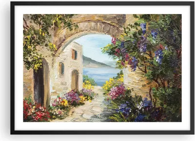 Produktbild von Gerahmtes Poster - Schwarzer Rahmen - Haus Santorini Blumen - 70x50 cm - Wand Bild - Wanddeko - Wandbilder - Kunstposter - Wandposter - Bilderrahmen - Bilder - Kunstdruck - Wandbild - P2BAA70x50-4191