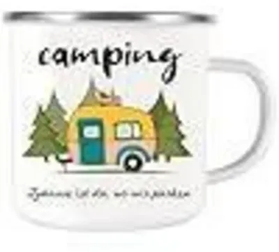 Produktbild von Emaille Kindertasse Wohnwagen Camping Weiß mit Spruch