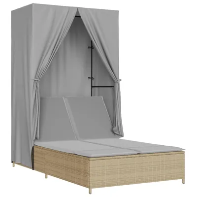 Produktbild von Doppel-Sonnenliege mit Dach und Vorhängen Beige Poly Rattan