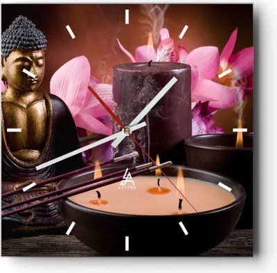 Produktbild von Wanduhr - Quadrat - Glasuhr - Buddha Kerzen Religion - 40x40cm - Schleichendes Uhrwerk - Lautlos - zum Aufhängen bereit - Dekoration Modern - Wanddekoration aus Glas - C3AC40x40-2631