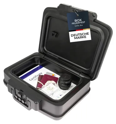 Produktbild von HMF 250437 Feuerfeste Wasserdichte Dokumentenkassette mit Zahlenschloss, DIN A4, 44,5 x 16,5 x 33 cm, Schwarz