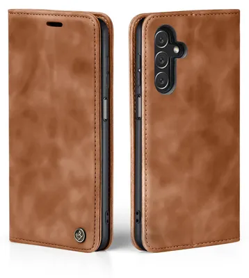 A brown leather flip case for a smartphone is shown from the front and back.