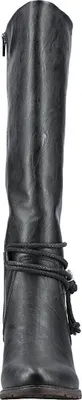 A front view of a black leather ankle boot with a tie detail.