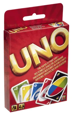 The image shows the front of a red UNO card game box with the UNO logo prominently displayed in gold.