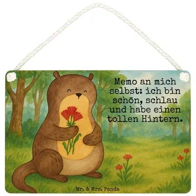 Produktbild von Mr. & Mrs. Panda Schild Otter Blumenstrauß Design DIN A4 - Weiß - Geschenk, holzbild, Süß, Türschild, Achtsamkeit, wandtafel, wandhänger, Wandbild Holz, Selbstvertrauen