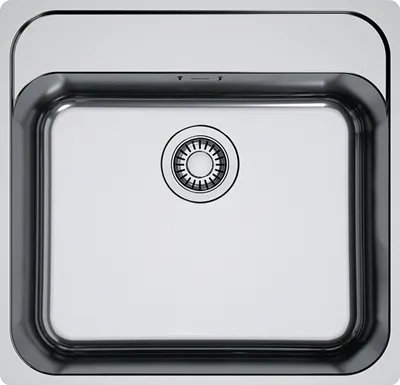 A top-down view of a stainless steel sink with a drain.
