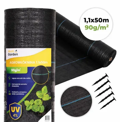 Image de Toile agrotextile noire anti-UV 90 g, tapis anti-mauvaises herbes 1,1 x 50 m, piquets MulltiGarden
