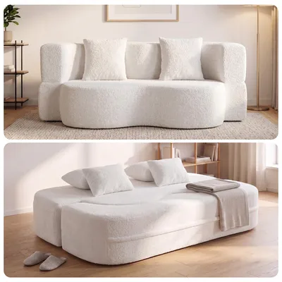 Produktbild von Sofa 3-Sitzer mit Schlaffunktion, 196 cm Komfortables Schlafsofa aus Teddyfleece, bis 450kg belastbar, Bettcouch, Couch Gästebett, platzsparend