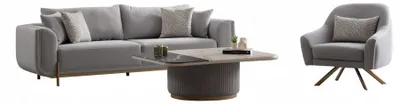 Produktbild von Sofa 3 sitzer Sessel Couchtisch Edelstahl Beige Gold Wohnzimmer Modern