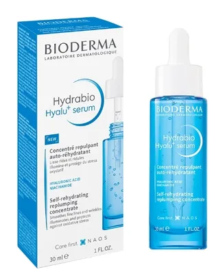 A box and a bottle of Bioderma Hydrabio Hyalu+ Serum are displayed side-by-side against a white background.