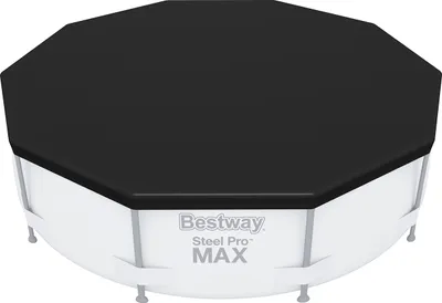 A black octagonal pool cover is shown on top of a white Bestway Steel Pro MAX above-ground pool.