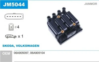 Produktbild von JANMOR JM5044 Zündspule für VW Golf IV Schrägheck (1J1) TOURAN (1T1, 1T2) Caddy III Kombi (2KB, 2KJ, 2CB, 2CJ) Golf IV Variant (1J5)