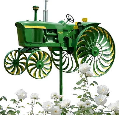 Produktbild von Windspiel in Traktorform als bewegliche Windskulptur für den Außenbereich | Bodenstecker-Windrad für Vorgarten, Terrasse, Hinterhof, Rasen und Blumenbeet