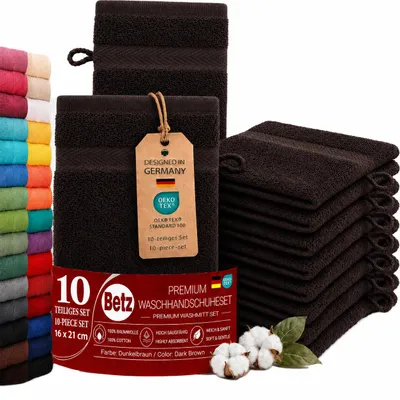 Produktbild von Betz 10 Stück Waschhandschuhe 16x21 cm PREMIUM 100% Baumwolle  Farbe: dunkelbraun