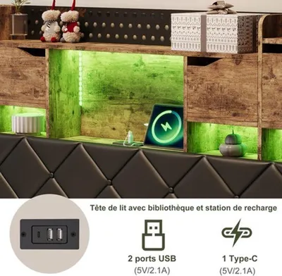 Image de Structure de lit double tapissée, dimensions 140x200 cm, en métal, avec tête de lit, espace de rangement, éclairage LED et ports USB
