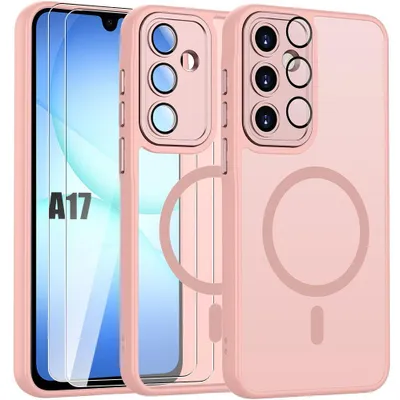 Image de Coque + 2 Verres Trempés pour Samsung Galaxy A17 5G/4G, avec Cercle Magnétique et Protection Caméra - Rose