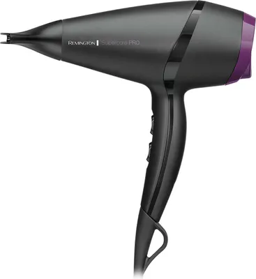 A black hairdryer with purple accents on a white background.