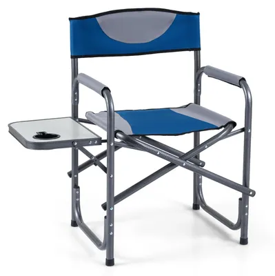 Produktbild von COSTWAY Regiestuhl klappbar, Campingstuhl mit Seitentisch & Getränkehalter, gepolsterter Angelstuhl bis zu 180kg, tragbarer Klappstuhl Blau