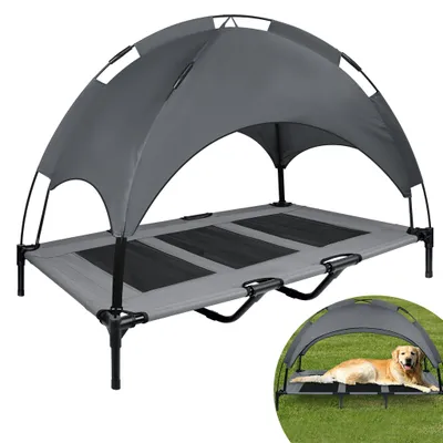 Produktbild von UISEBRT Hundebett mit Dach Sonnenschutz XL 122x92x102cm Haustierbett mit Baldachin Hundeliege Outdoor Erhöhtes Hundebett mit Rutschfesten Fußpolster, Wetterfest Hundesofa, Eisenrahmen Katzenbett