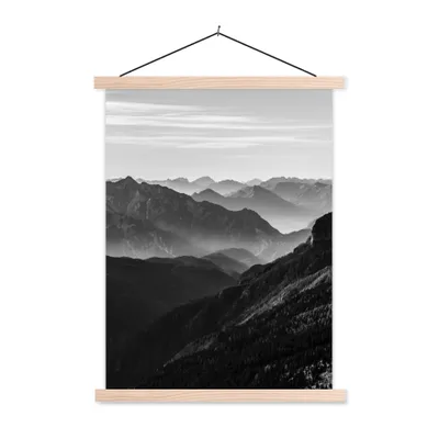 Produktbild von MuchoWow® Textilposter Berge - Natur - Nebel 60x80 cm mit holzfarbenen Rahmen - Wandbild