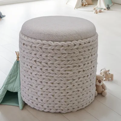 Image de FineBuy Pouf avec espace de rangement en laine rond 40x40x45 cm Pouf avec couvercle amovible Pouf d'appoint fait main style boho crème blanc