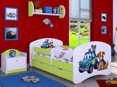 Image de Happy Babies Lit d'enfant - avec protection antichute garçon 140x70 fille, Lit pour chambre d'enfant avec tiroir & matelas Lit simple pour enfants Motif chien, Images (Vert) (Patrolowe pieski)