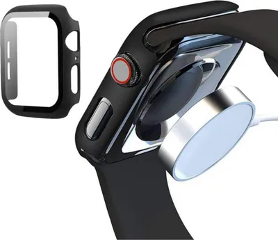 A black Apple Watch case and a charging puck are shown against a white background.