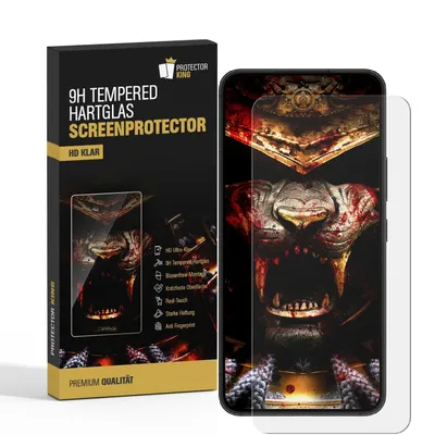 A product shot of a screen protector packaging and the screen protector itself on a phone.
