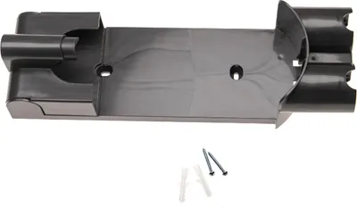 A black plastic wall mount for a vacuum cleaner accessory, along with two screws and two wall anchors, is shown against a white background.