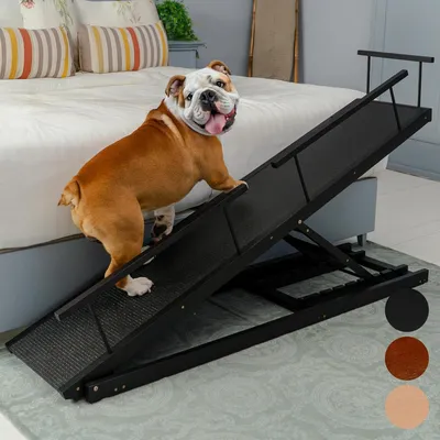 Produktbild von Hundenlaufplanke für Bett mit Sicherheitsgeländer - Verstellbare Hundetreppe aus Birkenholz - Für hohe Betten bis 94,5 cm - Rutschfest - Für kleine Hunde bis 23 kg - Schwarz
