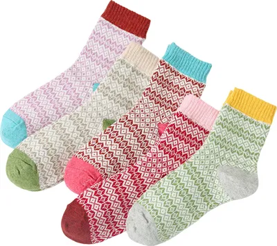 Produktbild von 5 Paar warme Wintersocken für Damen, dicke, wadenlange Stricksocken im Retro-Ethno-Stil, ideale Weihnachtsgeschenke