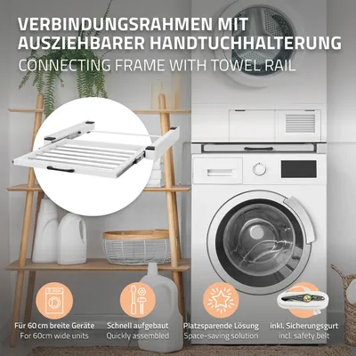 Produktbild von ML-Design Zwischenbaurahmen mit Wäscheleine, Stahl 60,5x54,5cm Weiß, Waschmaschine/Trockner Verbindungsrahmen, Zwischenbausatz mit ausziehbarer