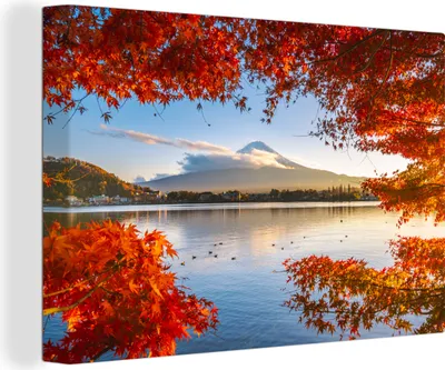 Produktbild von OneMillionCanvasses® - Leinwandbilder - 140x90 cm, Japanischer Ahorn mit Blick auf den Berg Fuji, Wandbilder Kunstdruck Wanddekoration