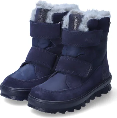 A pair of navy blue winter boots with grey fur trim.