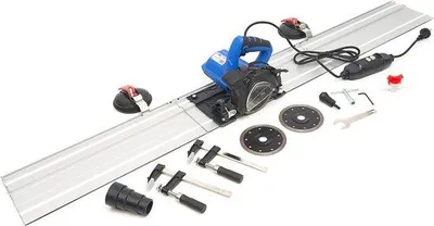 Image de Scie circulaire manuelle Inval de 1400W avec système de refroidissement par eau, guide droit de 3 x 500 mm, et 3 lames de scie diamantées